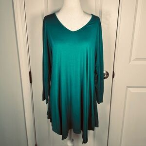 Larace Teal Flowy Tunic Top 2X Plus V-Neck Long Sleeve Stretch Casual